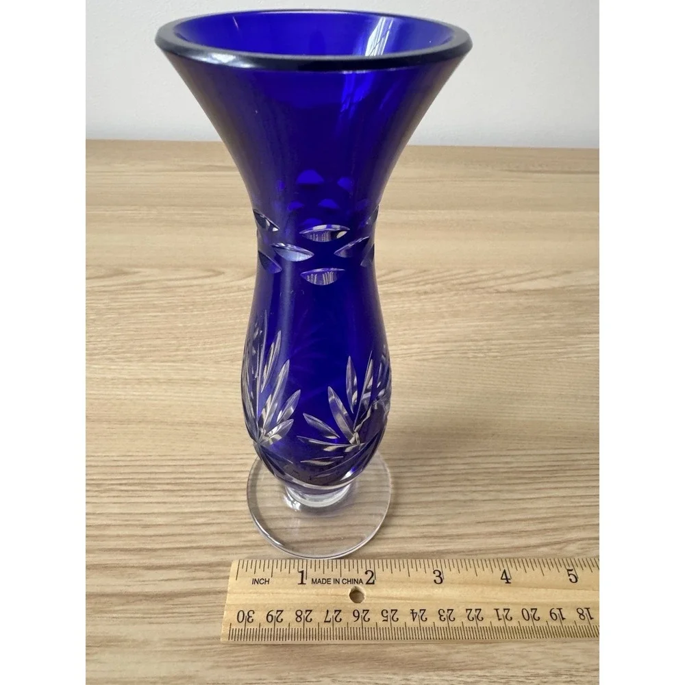 Vintage Cobalt Blue Cut To Clear Glass Bud Vase Floral Etched Footed 6